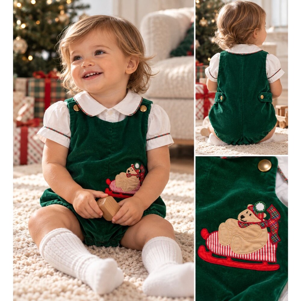Vintage Samara 24M Green Velvet Christmas Teddy Bear Sleigh Romper Holiday